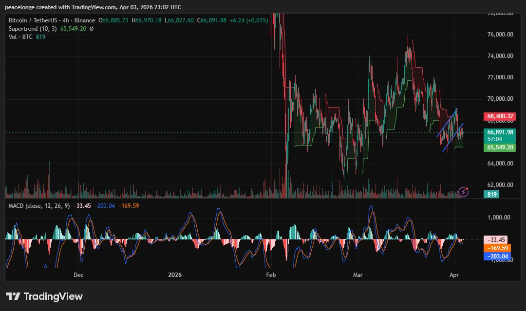 btcusdt_2026-04-04_00-02-56 Is Bitcoin price forming a bear flag at $66,900 as its daily MACD reaches its deepest negative reading in months? - 1