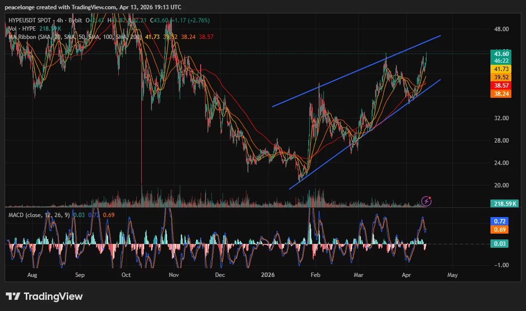 hypeusdt_2026-04-13_20-13-38 Will Hyperliquid price break $46 or reverse at ascending channel resistance? - 2