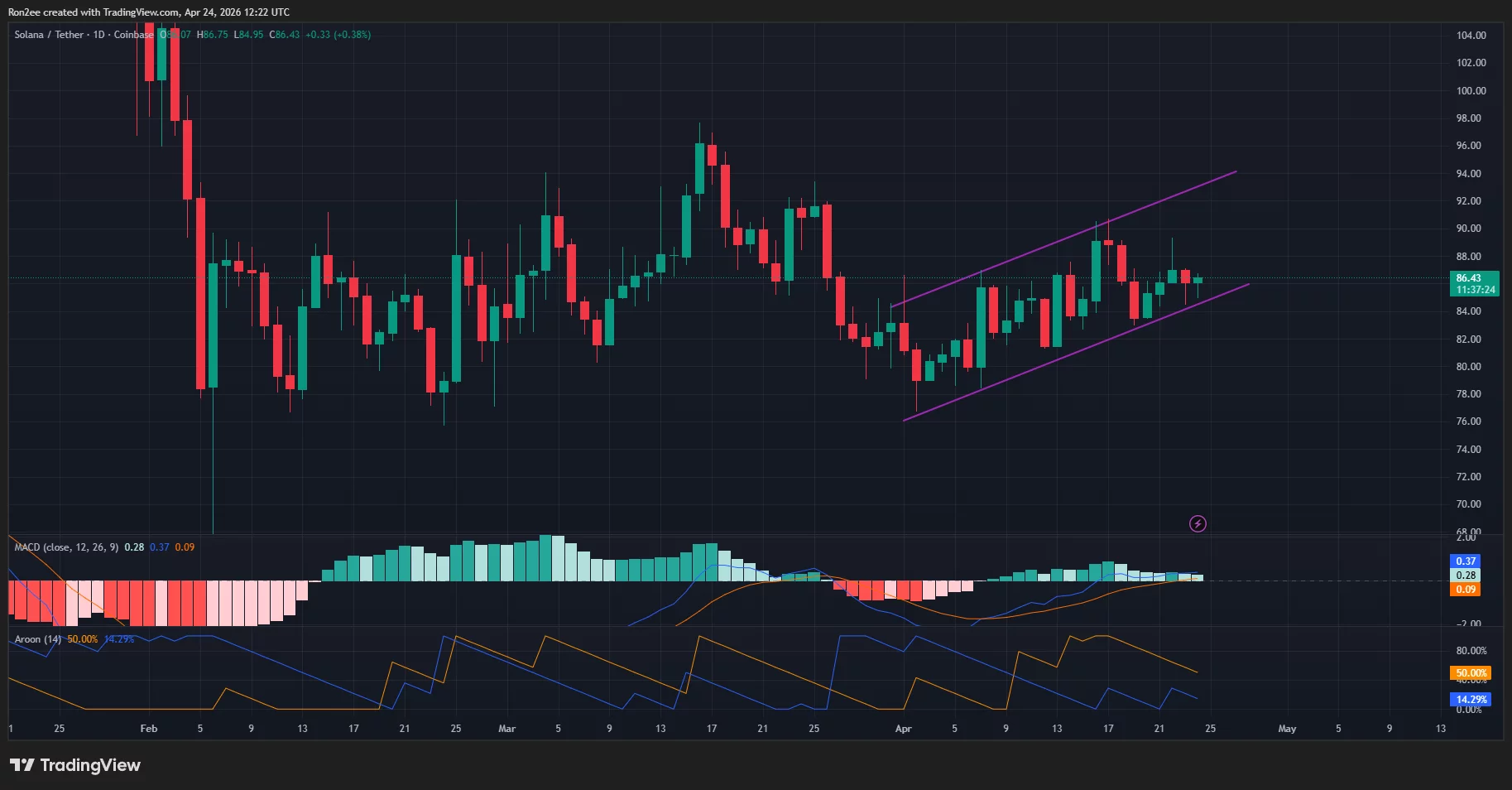 solusdt_2026-04-24_17-52-36 Solana price has formed an ascending parallel channel pattern on the daily chart.